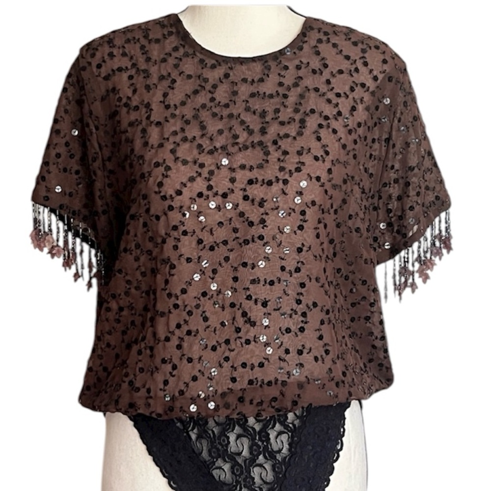 Sequin Beaded Sequin Chocolate Brown Bodysuit Medium Fringe Fall Holiday USA - Picture 6 of 13